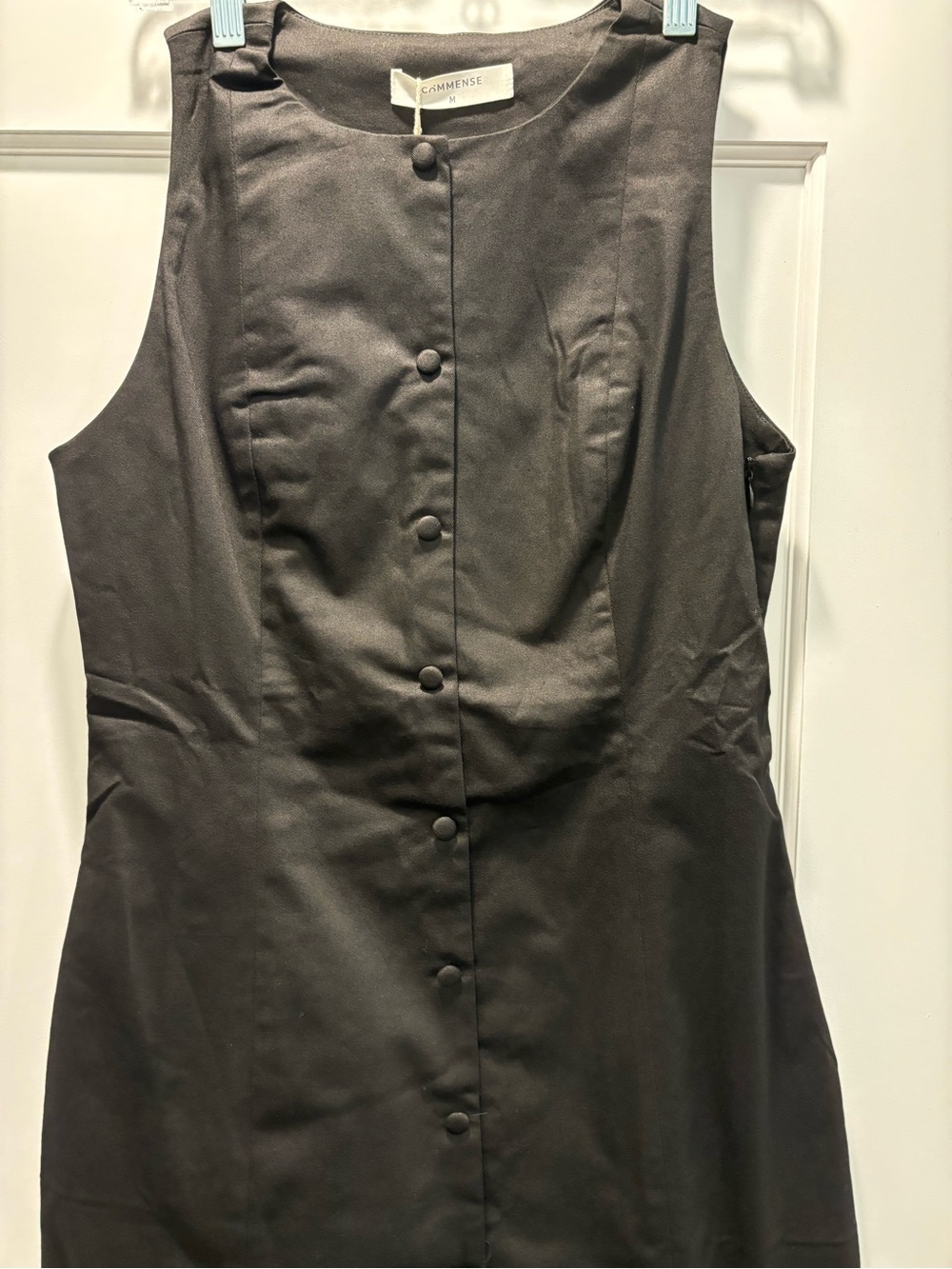 Commense NEW Black Faux Button Front Mini Dress Sleeveless Cotton Womens M - Picture 2 of 15